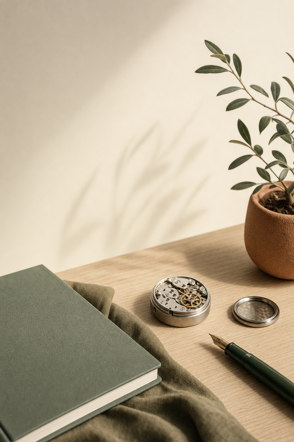 Mouvement horloger, carnet et plante — univers de Manufacture Enème
